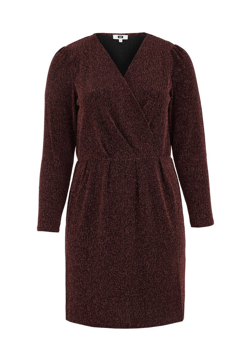 Bordeauxfarbener Wickelkleid mit langen Ärmeln, strukturiertem Stoff und V-Ausschnitt. Verfügt über geraffte Details an der Taille und einen knielangen Saum.