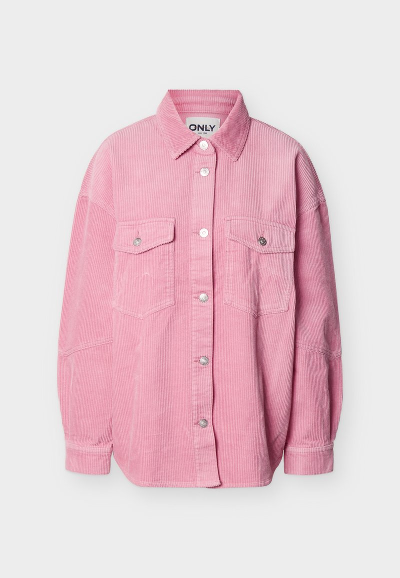 Rosa Corduroy-Hemd mit übergroßer Passform, langen Ärmeln, zwei Pattentaschen auf der Brust und spitzem Kragen.