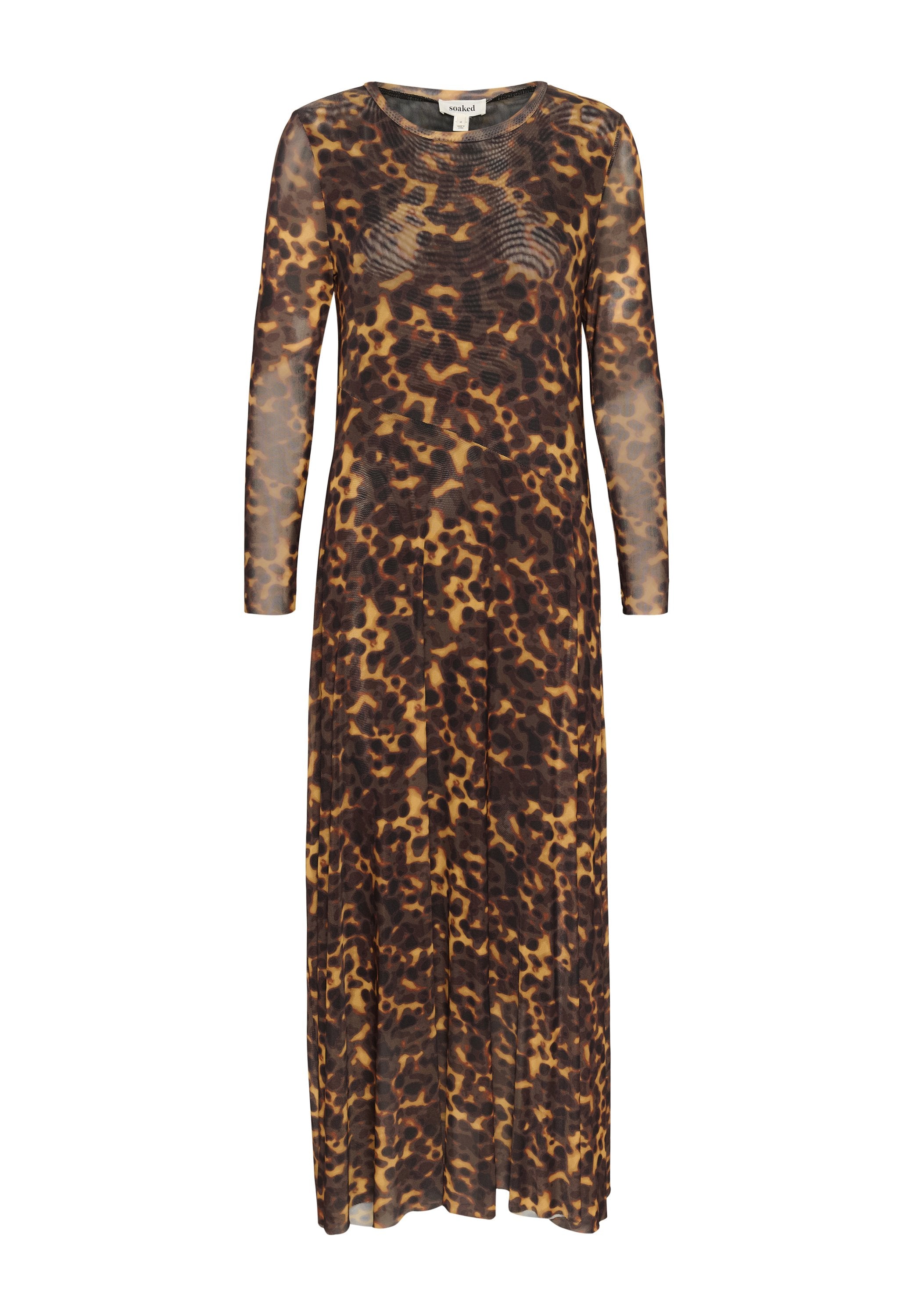 Langes, tailliertes Kleid aus transparentem, leichtem Stoff mit einem Leopardenmuster in Brauntönen und Schwarz, Rundhalsausschnitt und langen Ärmeln.