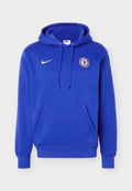 Blauer Nike-Hoodie mit Chelsea-Fußballclub-Logo auf der Brust, Fronttasche und verstellbarer Kordelkapuze.