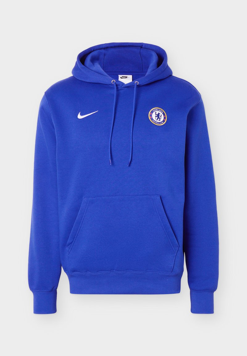 Blauer Nike-Hoodie mit Chelsea-Fußballclub-Logo auf der Brust, Fronttasche und verstellbarer Kordelkapuze.