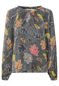 Langärmlige graue Bluse mit floralem Muster in Rosa, Gelb und Orange. Die geraffte Halslinie und die elastischen Bündchen sorgen für Details.