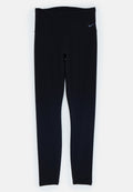 Schwarze sportliche Leggings aus dehnbarem Material mit breitem Bund und genähten Nähten. Verfügt über ein kleines Logo an der Taille.