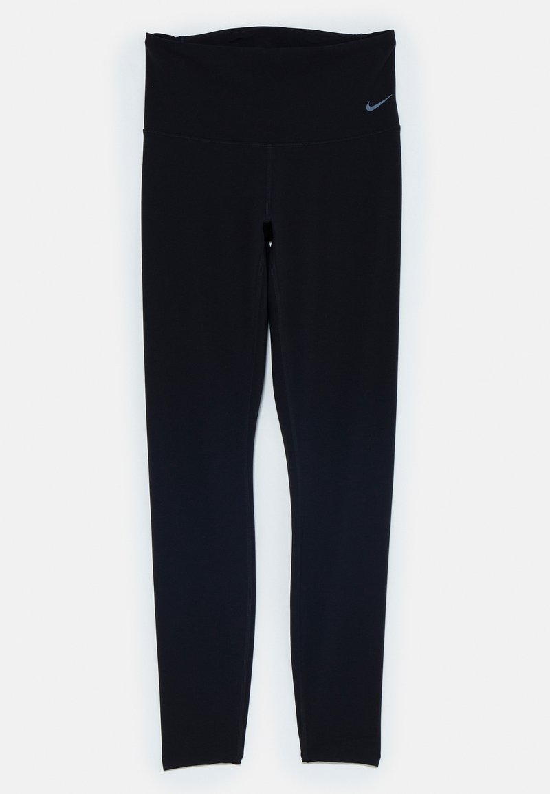 Schwarze sportliche Leggings aus dehnbarem Material mit breitem Bund und genähten Nähten. Verfügt über ein kleines Logo an der Taille.
