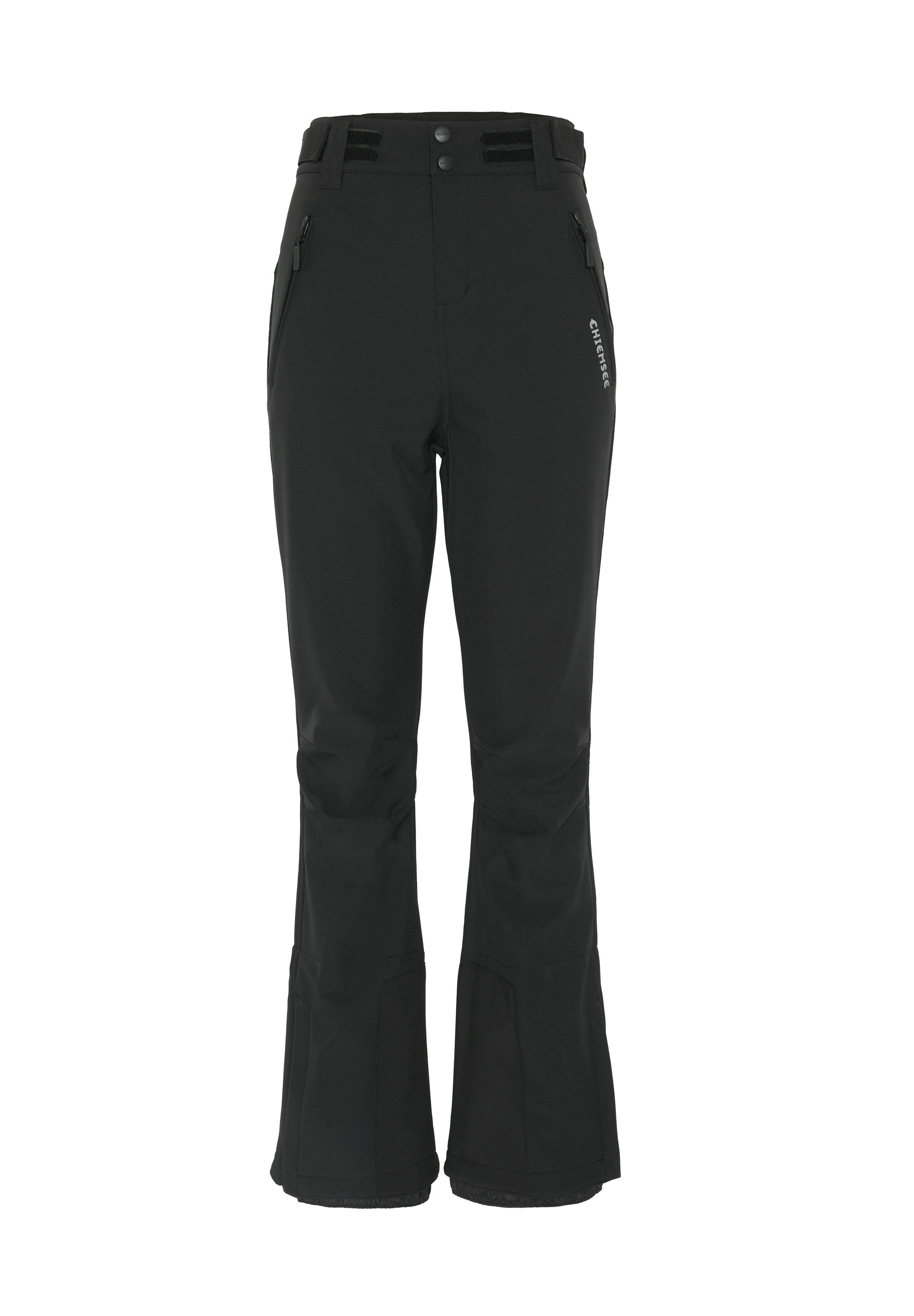 Schwarze Skihose aus strapazierfähigem Stoff, mit ausgestelltem Schnitt, verstellbarem Bund und Reißverschlusstaschen zur Aufbewahrung.