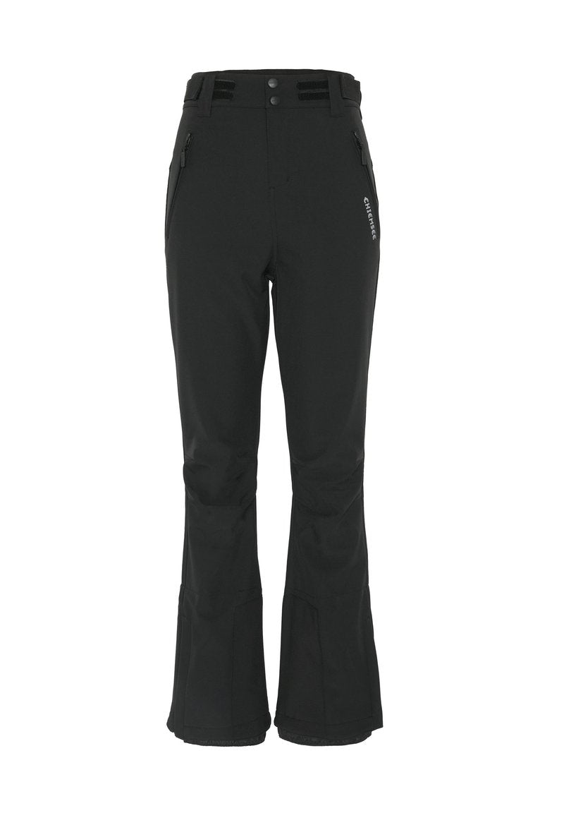Schwarze Skihose aus strapazierfähigem Stoff, mit ausgestelltem Schnitt, verstellbarem Bund und Reißverschlusstaschen zur Aufbewahrung.