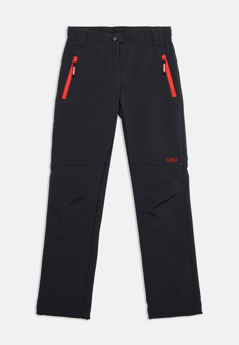 Schwarze Outdoor-Hose mit geraden Beinen, roten seitlichen Reißverschlusstaschen, Knopf- und Reißverschluss und rotem CMP-Logo am Oberschenkel.
