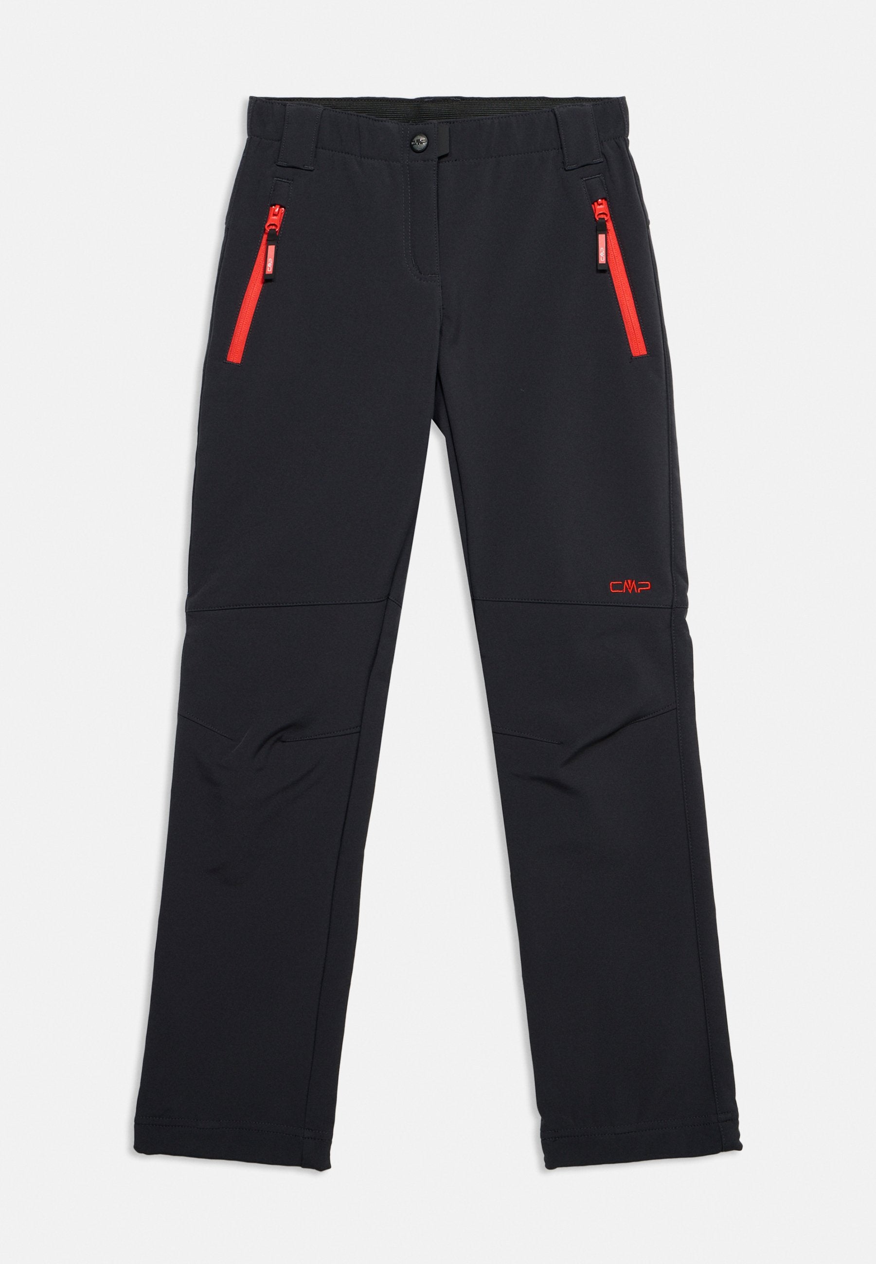 Schwarze Outdoor-Hose mit geraden Beinen, roten seitlichen Reißverschlusstaschen, Knopf- und Reißverschluss und rotem CMP-Logo am Oberschenkel.