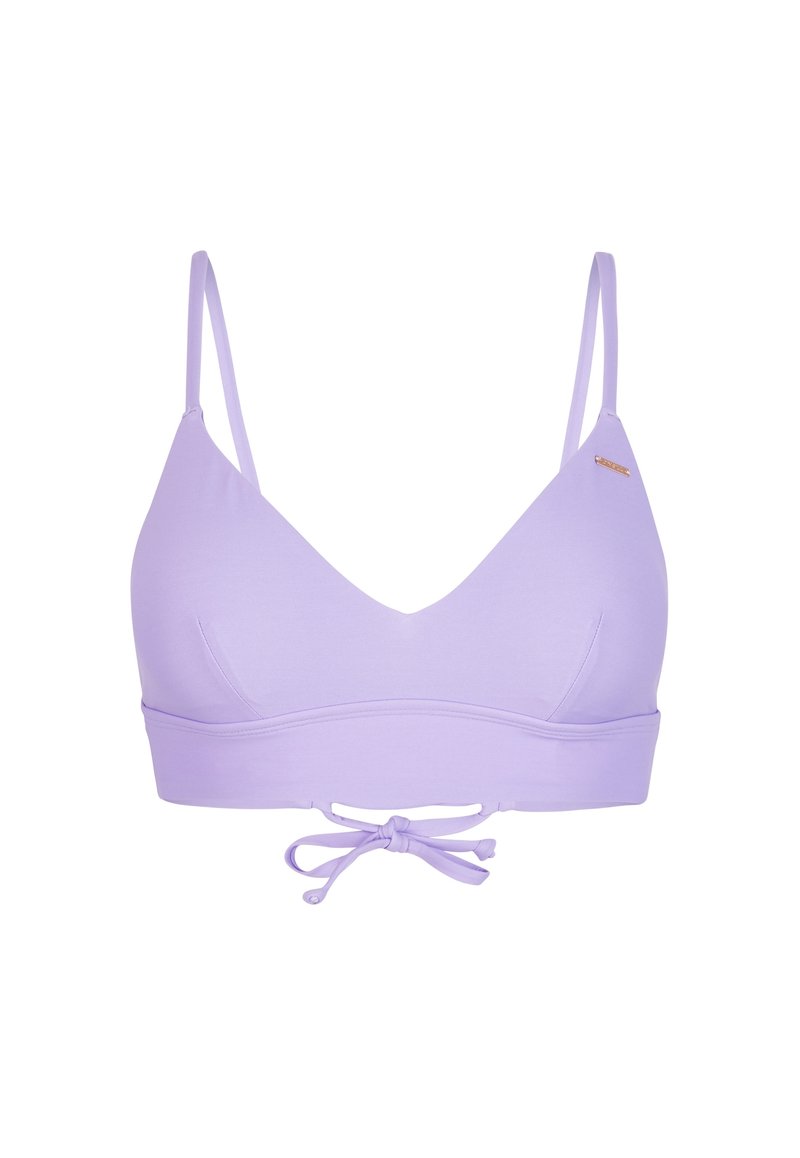 Lavendel Sport-BH mit verstellbaren Trägern, triangulärer Form und einem gebundenen Detail vorne. Hergestellt aus glattem, dehnbarem Stoff.