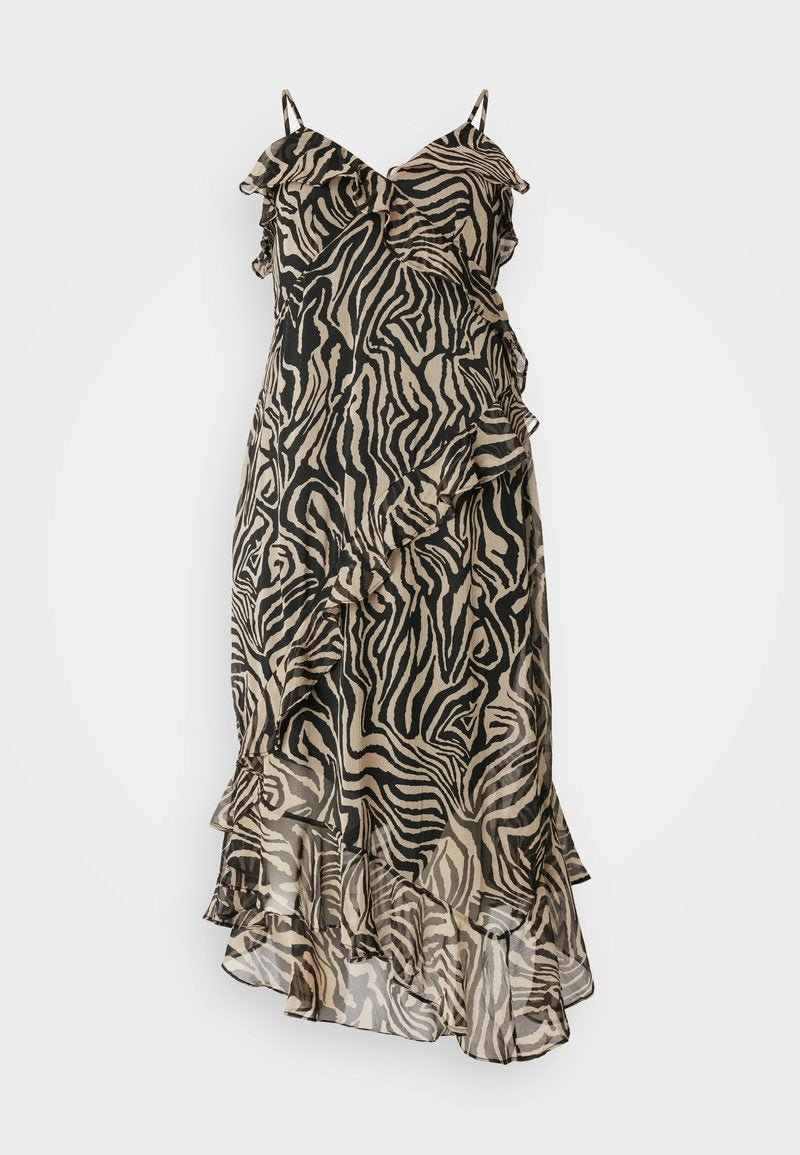 Kleid mit Zebraprint aus leichtem Stoff; verfügt über Rüschendetails und verstellbare Spaghettiträger; überwiegend in Schwarz und Beige.