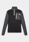 Fleece-Pullover in Schwarz und Grau, Viertel-Reißverschluss-Design, hoher Kragen, Brusttasche mit Reißverschluss, weiche Textur und Logo auf der Tasche.