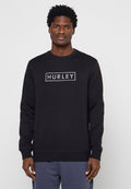 Schwarzer Sweatshirt aus Baumwolle, mit Rundhalsausschnitt, langen Ärmeln und einem weißen rechteckigen "HURLEY"-Logo auf der Vorderseite. Schlichtes Design.