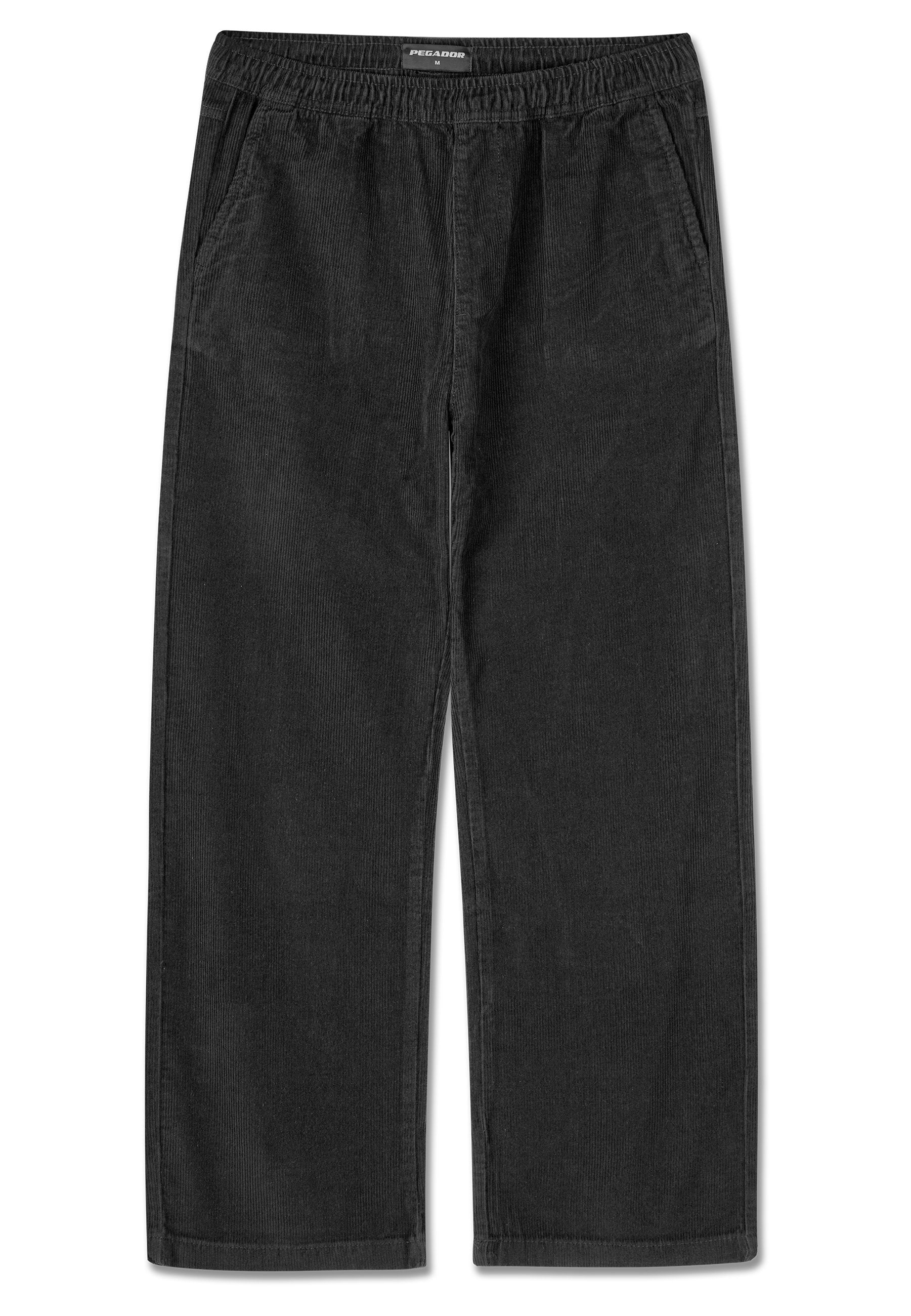 Schwarze Cordhosen mit einem elastischen Bund, weit geschnitten und subtiler Textur. Verfügt über zwei Seitentaschen und genähte Säume.