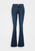 Dunkelblaue Flared Jeans aus Denim-Stoff. Mit tailliertem Bund, zwei vorderen Taschen und zwei hinteren Taschen mit silbernen Akzenten.