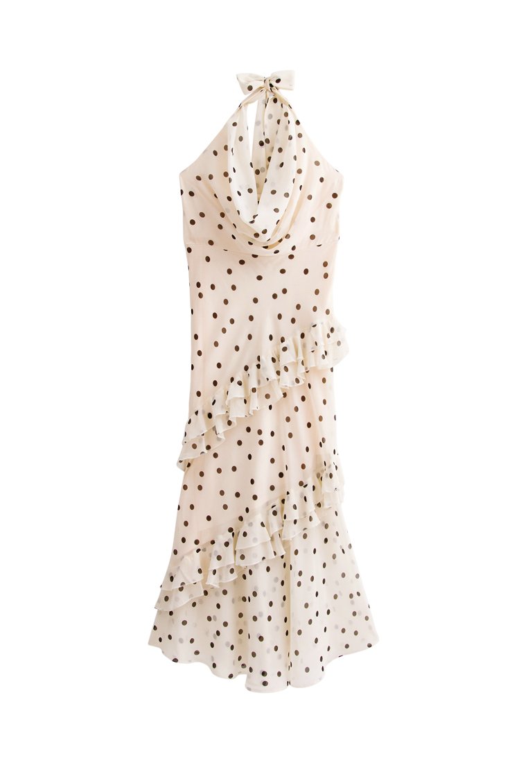New Look OFF WHITE POLKA DOT COWL NECK CHIFFON MIDI DRESS