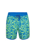 Badehosen in leuchtendem Blau mit neon-gelbem Text. Verfügt über einen elastischen Bund mit Kordelzug, kurze Länge und leichtes Material.