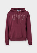 Dunkelroter Kapuzenpullover mit Fronttasche, verziert mit glitzerndem "GAP"-Schriftzug und Herzdesign in Silber. Weicher Stoff, lockere Passform.