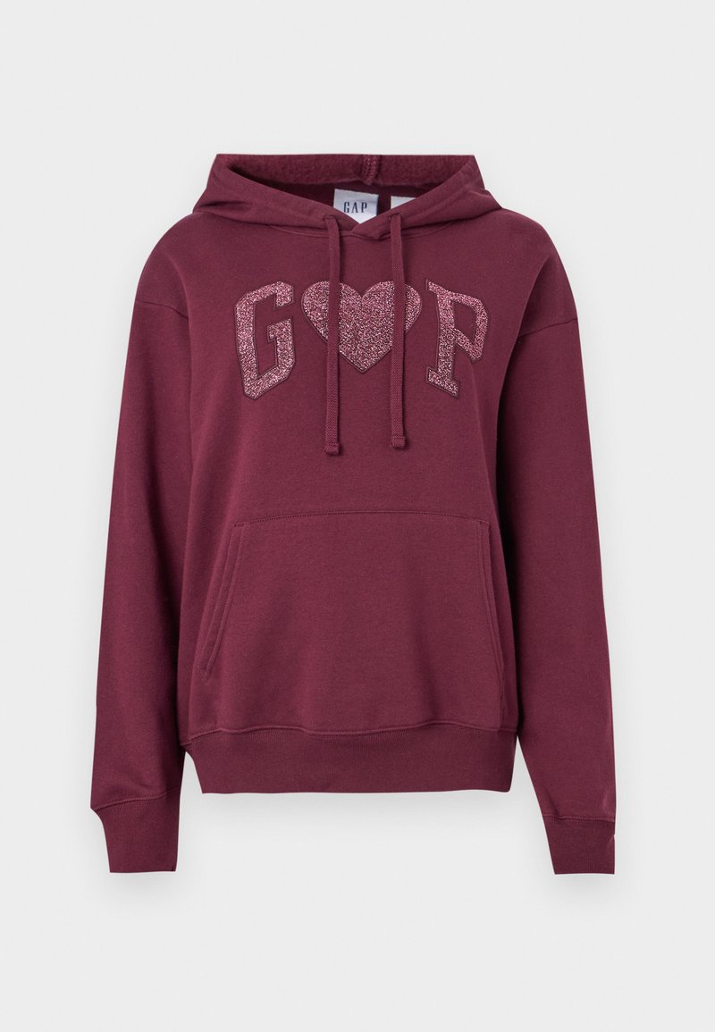 Dunkelroter Kapuzenpullover mit Fronttasche, verziert mit glitzerndem "GAP"-Schriftzug und Herzdesign in Silber. Weicher Stoff, lockere Passform.