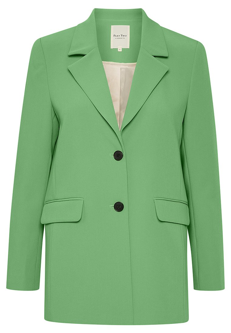 Grüne Blazer aus glattem Stoff mit Reverskragen, zwei frontalen Taschen, zwei schwarzen Knöpfen und einem minimalistischen Design.