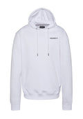 Weißer Baumwoll-Hoodie mit einer frontalen Kängurutasche, einer Kapuze mit Kordelzug und schwarzem Logotext auf der oberen linken Seite. Glatte Textur, normale Passform.
