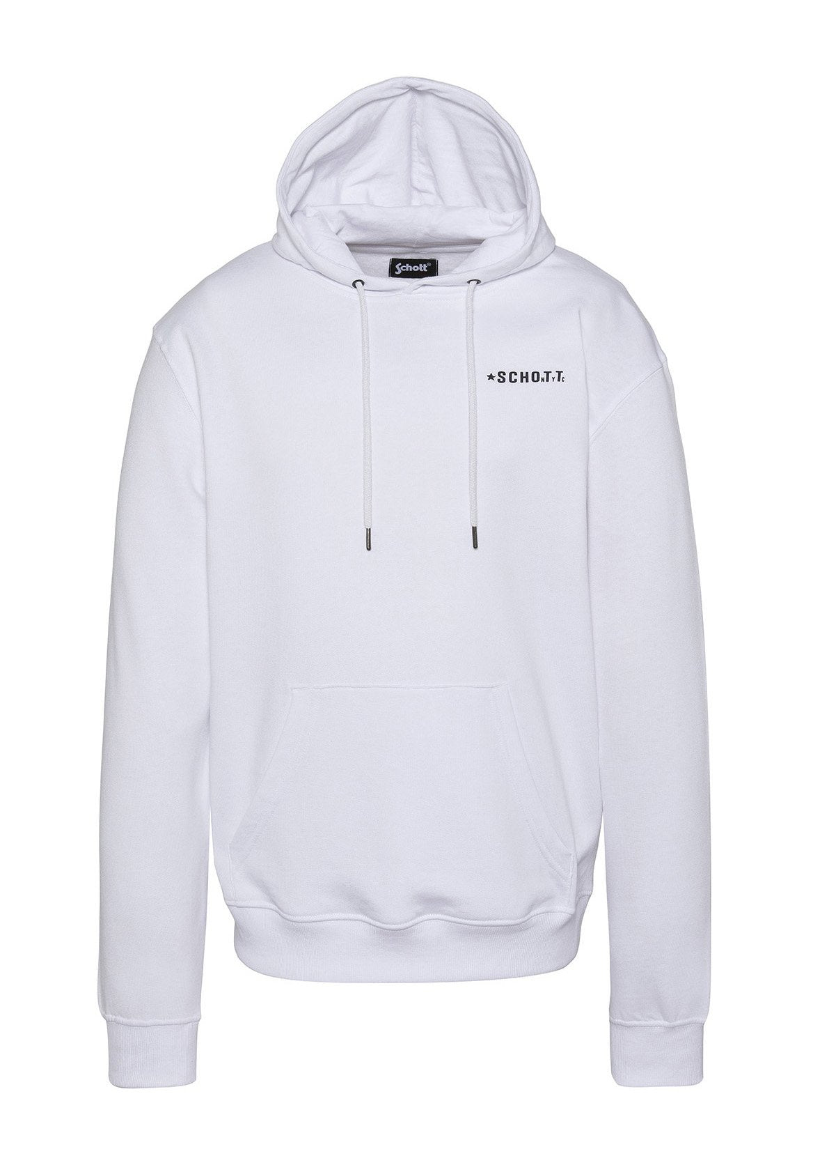 Weißer Baumwoll-Hoodie mit einer frontalen Kängurutasche, einer Kapuze mit Kordelzug und schwarzem Logotext auf der oberen linken Seite. Glatte Textur, normale Passform.
