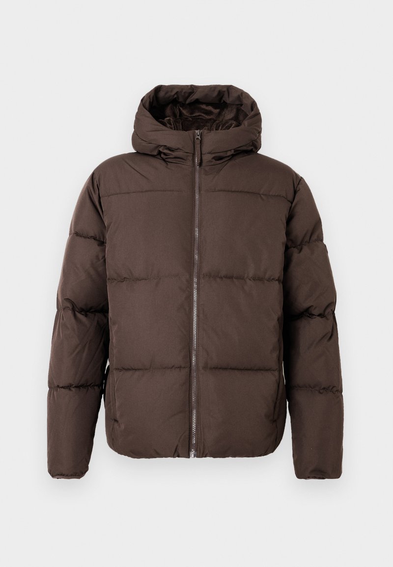 Braune Steppjacke mit Reißverschluss vorne und Kapuze. Verfügt über ein gestepptes Design und eine weiche Textur. Geeignet für kaltes Wetter.