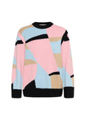 Bunter Strickpullover mit einem modernen geometrischen Muster in Pink, Hellblau, Beige und Schwarz. Rundhalsausschnitt, gerippte Bündchen und Saum.