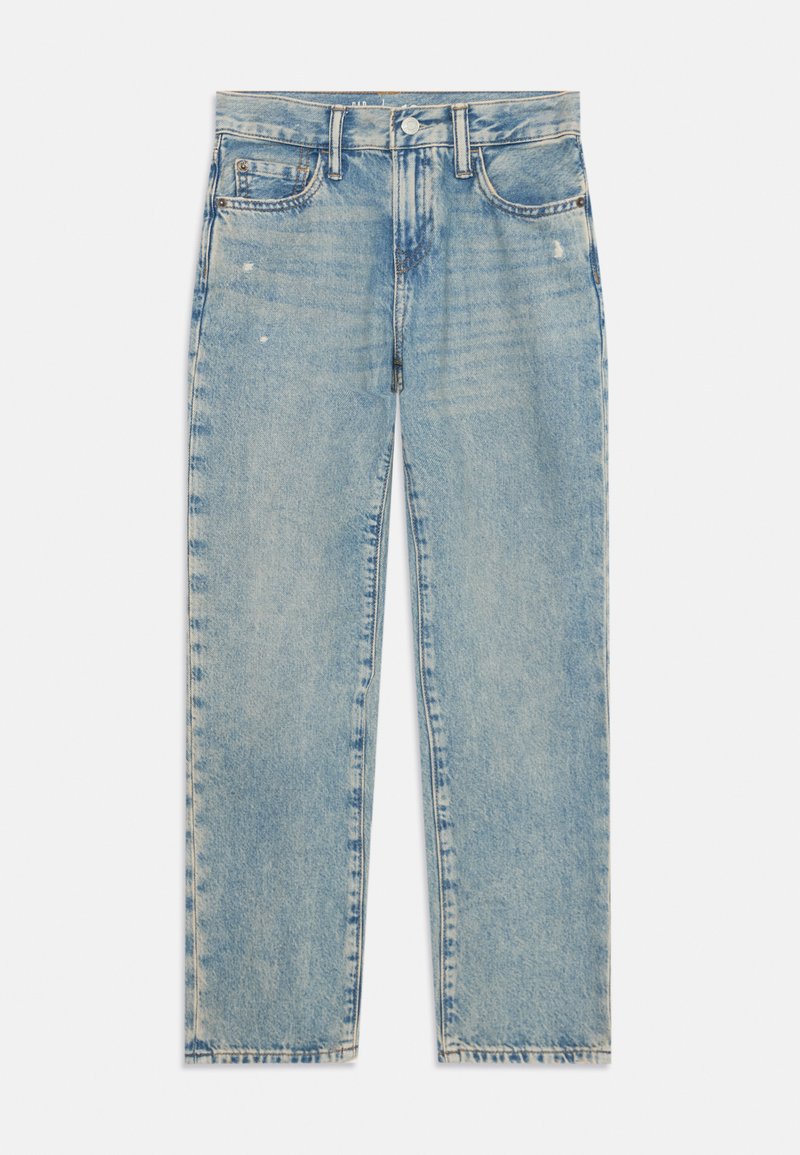 Hellblaue Jeans aus Denim mit geradem Beinschnitt, fünf Taschen, einem Knopfverschluss und dezentem Verblassen des Stoffes.