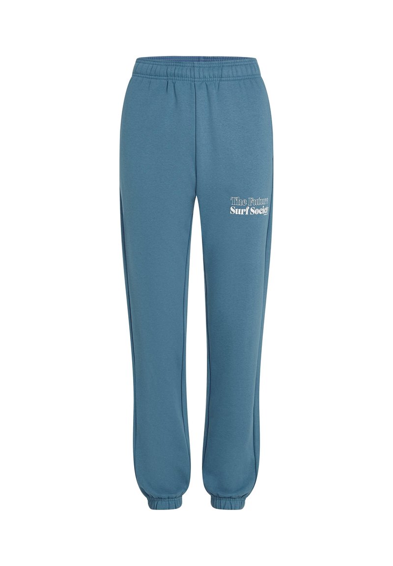 Blaue Sweatpants mit elastischem Bund und enganliegenden Knöcheln sowie weißem Text "The Future Surf Society" auf dem oberen linken Bein.