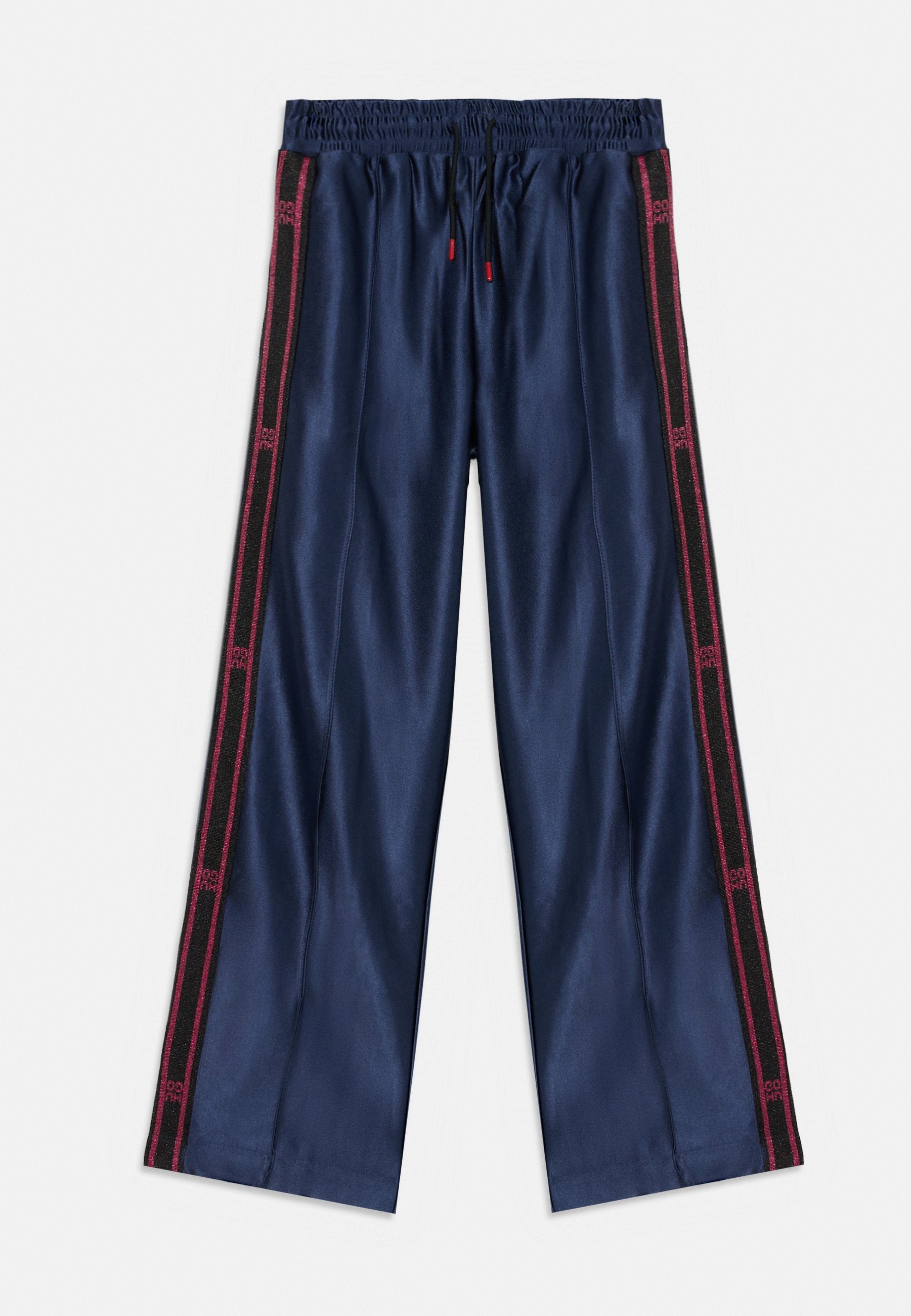 Helle marineblaue Satin-Hosen mit weitem Bein, elastischem Bund und seitlichen Streifen in Schwarz und Rot mit einem Logodetail.