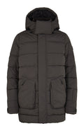Dunkelgraue, gepolsterte Winterjacke mit Kapuze, Frontreißverschluss durch eine Klappe geschützt, zwei große Reißverschluss-Fronttaschen und verstellbare Bündchen.