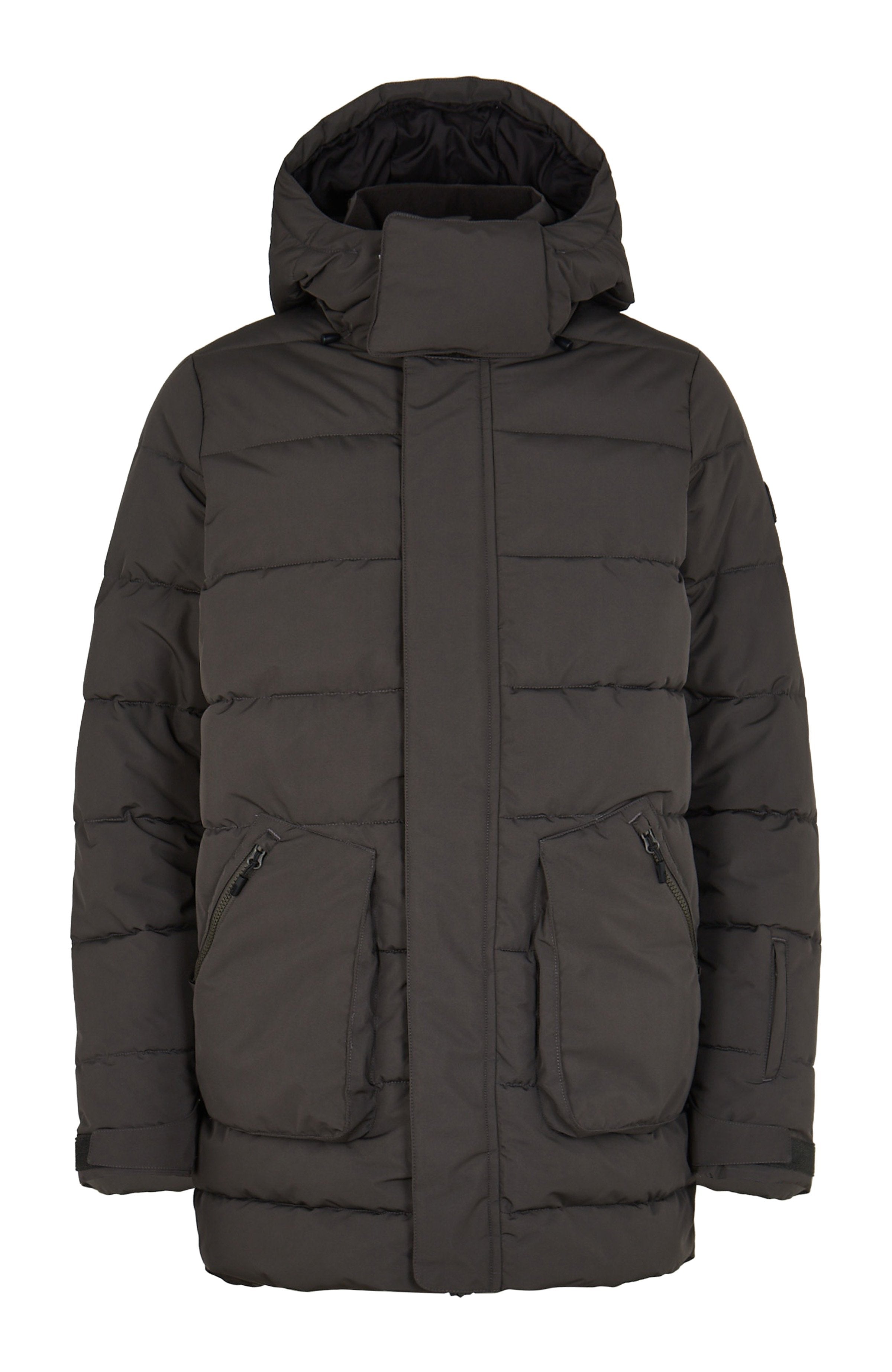 Dunkelgraue, gepolsterte Winterjacke mit Kapuze, Frontreißverschluss durch eine Klappe geschützt, zwei große Reißverschluss-Fronttaschen und verstellbare Bündchen.