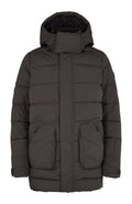 Dunkelgraue, gepolsterte Winterjacke mit Kapuze, Frontreißverschluss durch eine Klappe geschützt, zwei große Reißverschluss-Fronttaschen und verstellbare Bündchen.