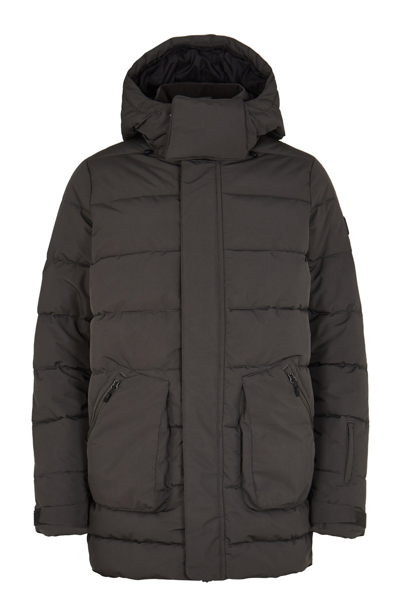Dunkelgraue, gepolsterte Winterjacke mit Kapuze, Frontreißverschluss durch eine Klappe geschützt, zwei große Reißverschluss-Fronttaschen und verstellbare Bündchen.
