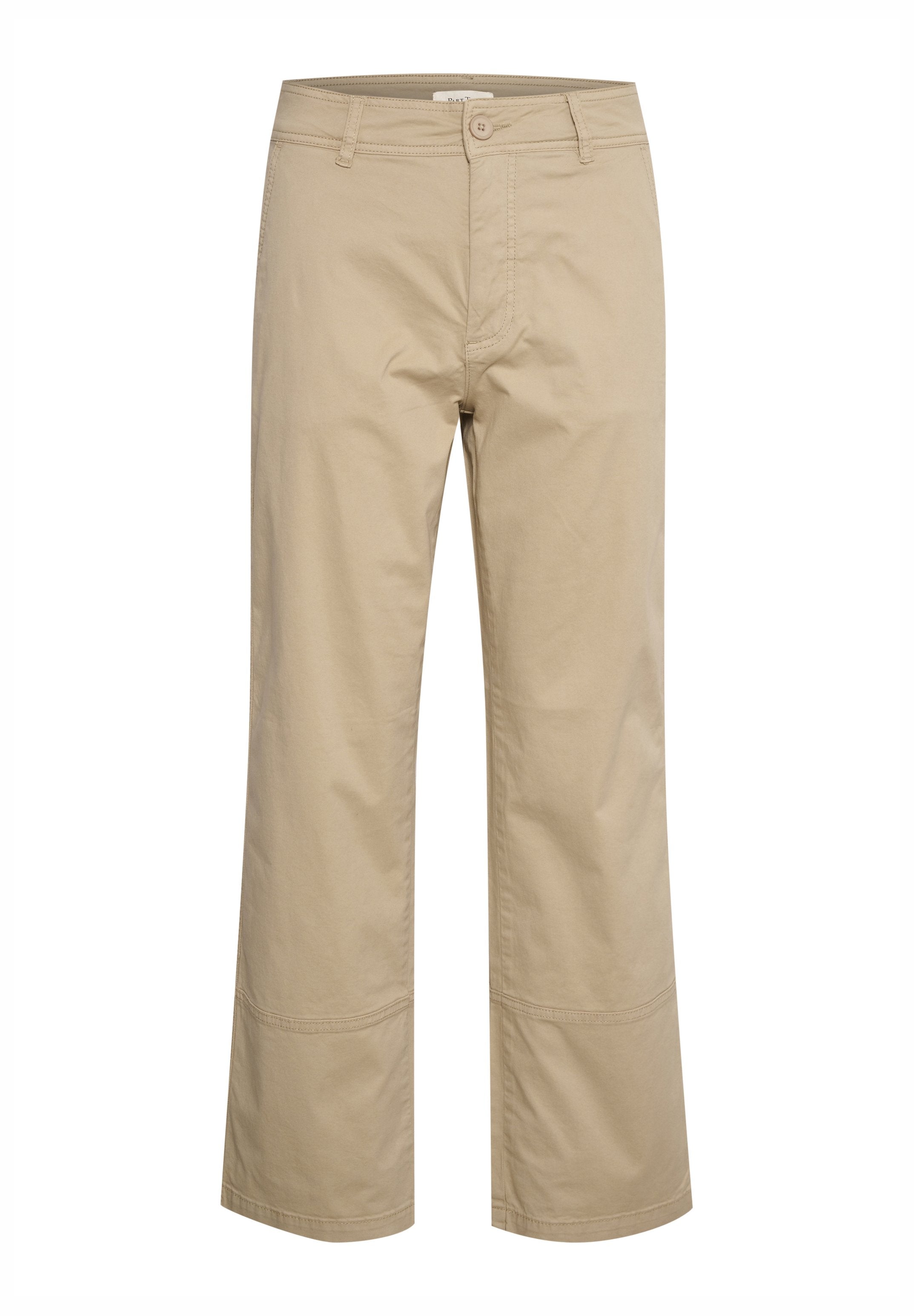 Beige, weit geschnittene Hose aus leichtem Baumwollstoff. Verfügt über einen Knopfverschluss vorne, Gürtelschlaufen und Nahtdetails an den Beinen.