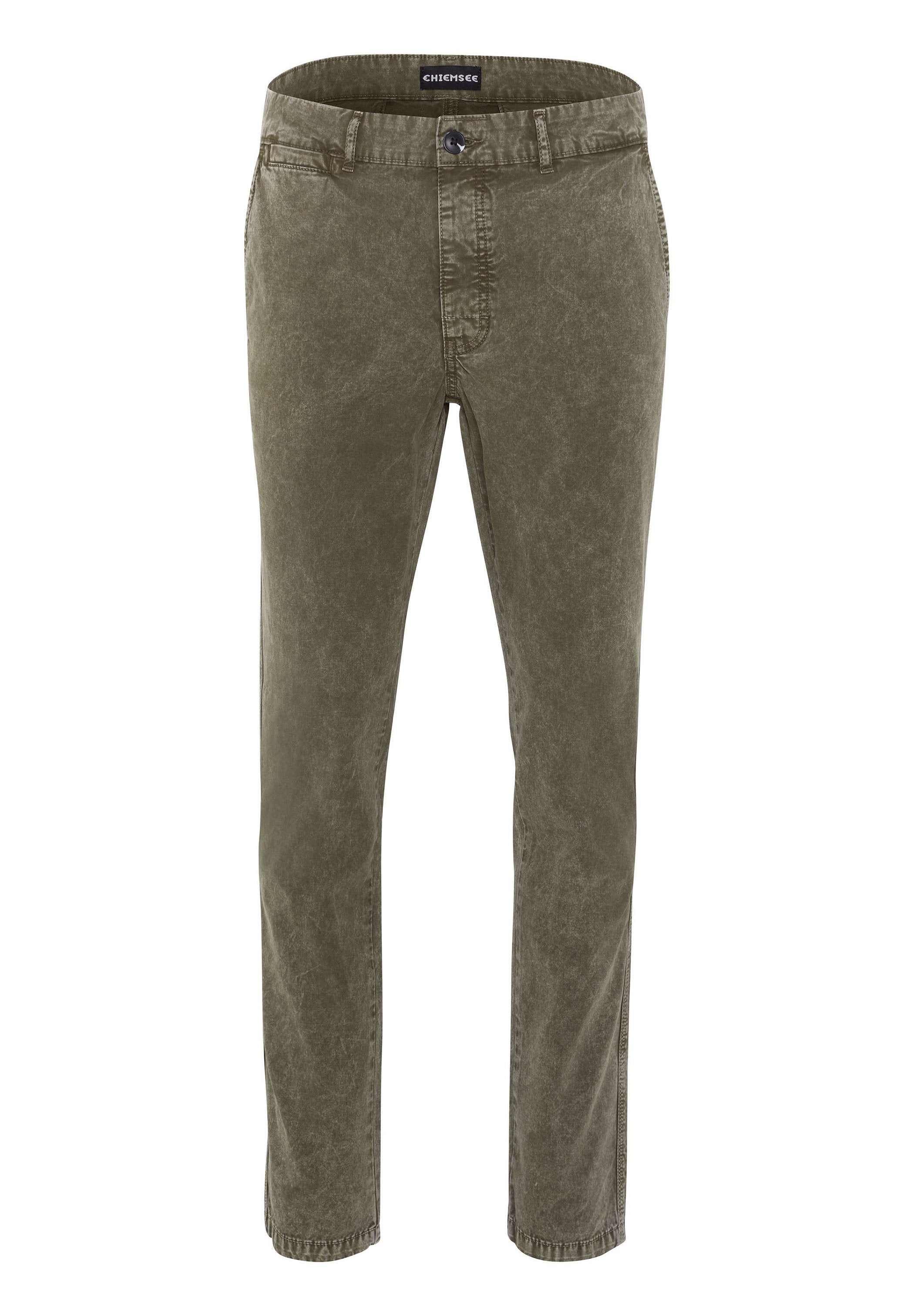Olivgrüne Baumwollhose mit geradem Bein, ausgestattet mit einem Knopfverschluss, Fronttaschen und einer leicht ausgewaschenen Textur.