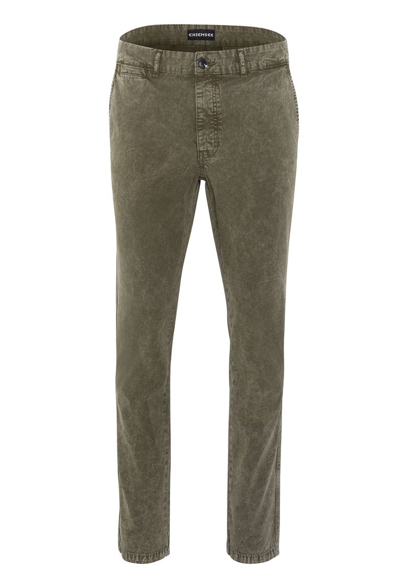 Olivgrüne Baumwollhose mit geradem Bein, ausgestattet mit einem Knopfverschluss, Fronttaschen und einer leicht ausgewaschenen Textur.