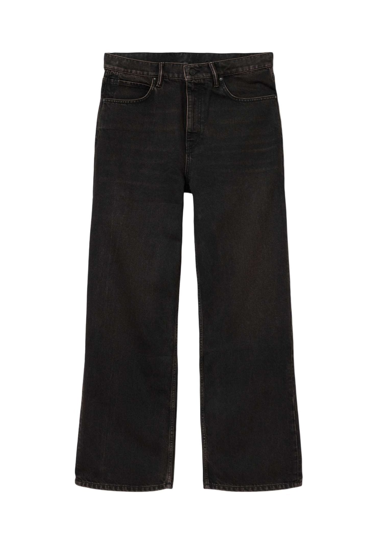 Schwarze Jeans mit geradem Bein, Vorder- und Gesäßtaschen, Gürtelschlaufen, Knopfverschluss und sichtbaren Nähten.