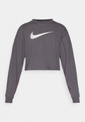 Gekürztes Langarm-Sweatshirt aus dunkelgrauem Stoff mit rundem Ausschnitt. Auffälliges weißes Nike-Logo vorne. Weiche Textur.