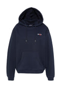 Marineblauer Hoodie mit Fronttasche, Kapuze mit Kordelzug und kleinem weißen und roten "Schott NYC"-Logo auf der linken Brust.