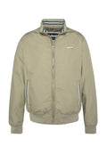 Khaki Bomberjacke mit Reißverschluss, gerippten Bündchen und Saum, seitlichen Taschen und einem gestreiften Innenfutter. Mit einem Logo auf der Brust.