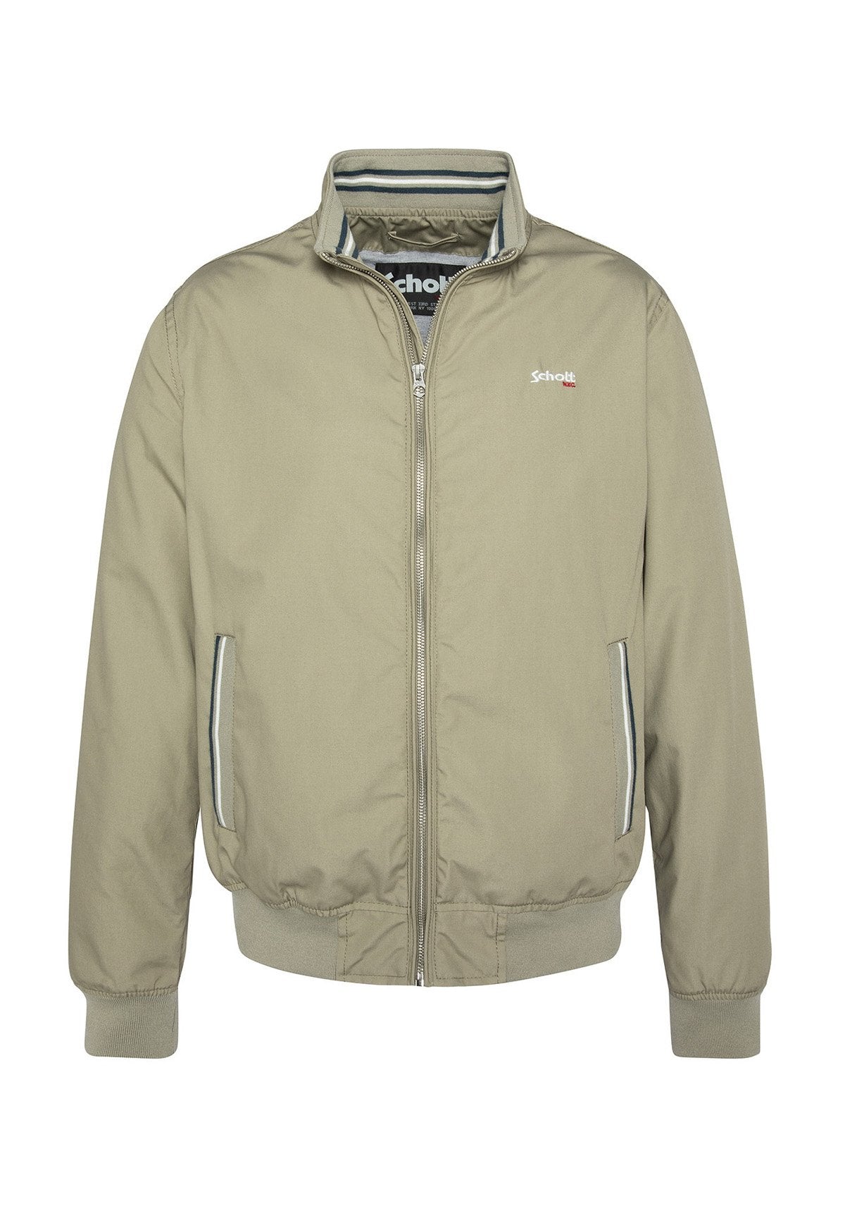 Khaki Bomberjacke mit Reißverschluss, gerippten Bündchen und Saum, seitlichen Taschen und einem gestreiften Innenfutter. Mit einem Logo auf der Brust.
