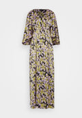 Maxikleid aus leichtem Stoff mit schwarzem Hintergrund und lebhaften Blumenmustern in Lila und Grün. Lockere, fließende Ärmel.