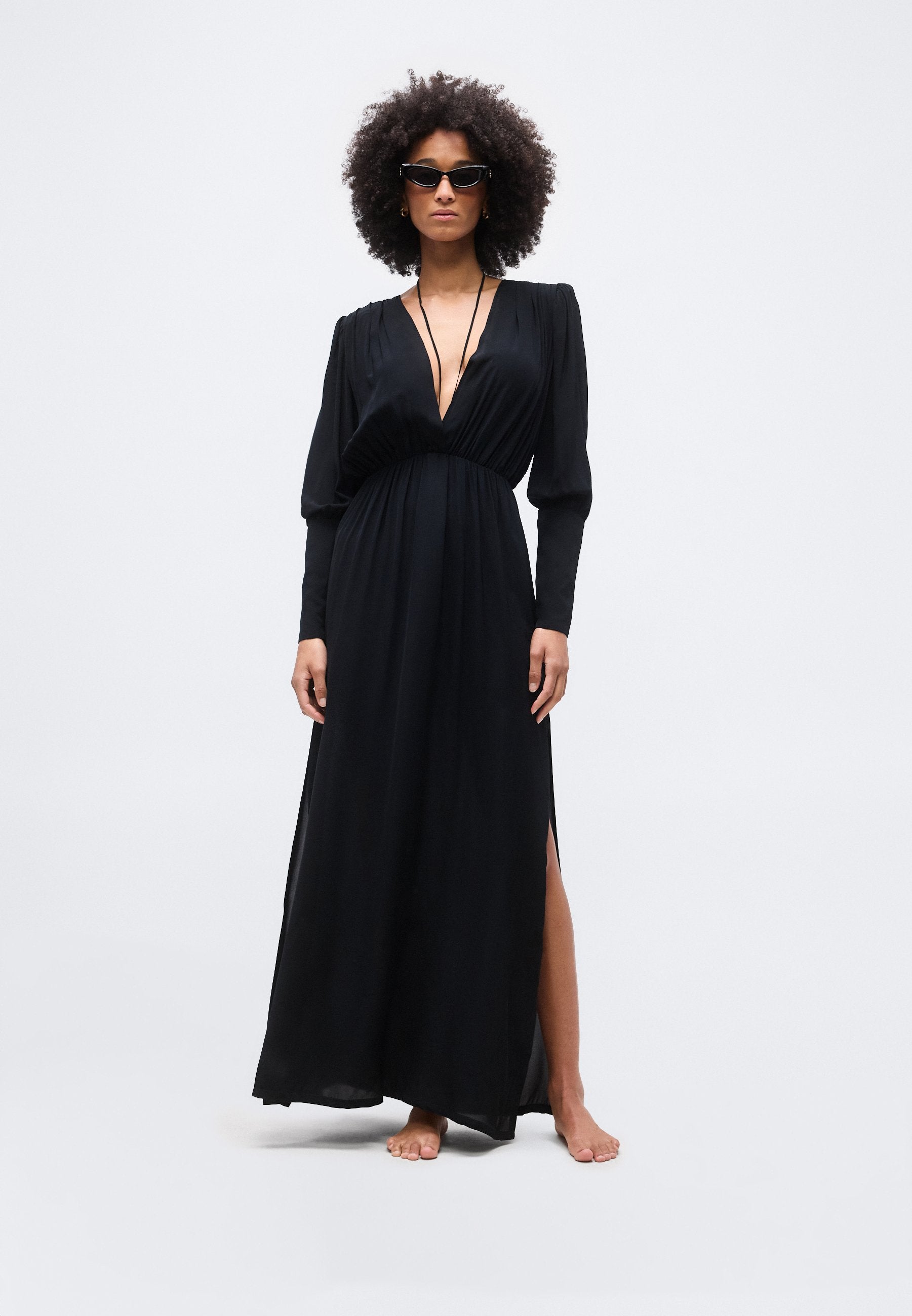 ADRIANA DEGREAS SOLID PLUNGE NECK MAXI DRESS