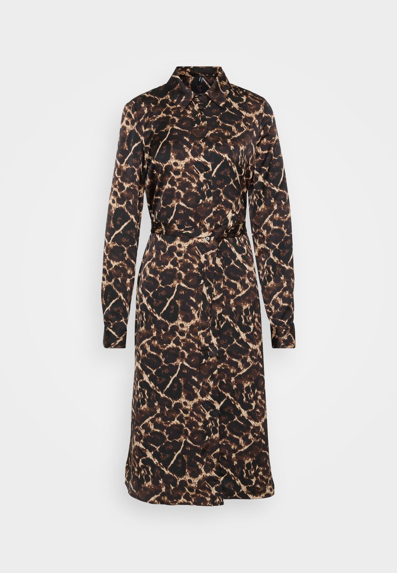 Braunes und schwarzes Leopardenmuster-Kleid mit langen Ärmeln, einem Kragen und einem taillierten Bund. Hergestellt aus glattem Stoff mit einer Knopfleiste auf der Vorderseite.