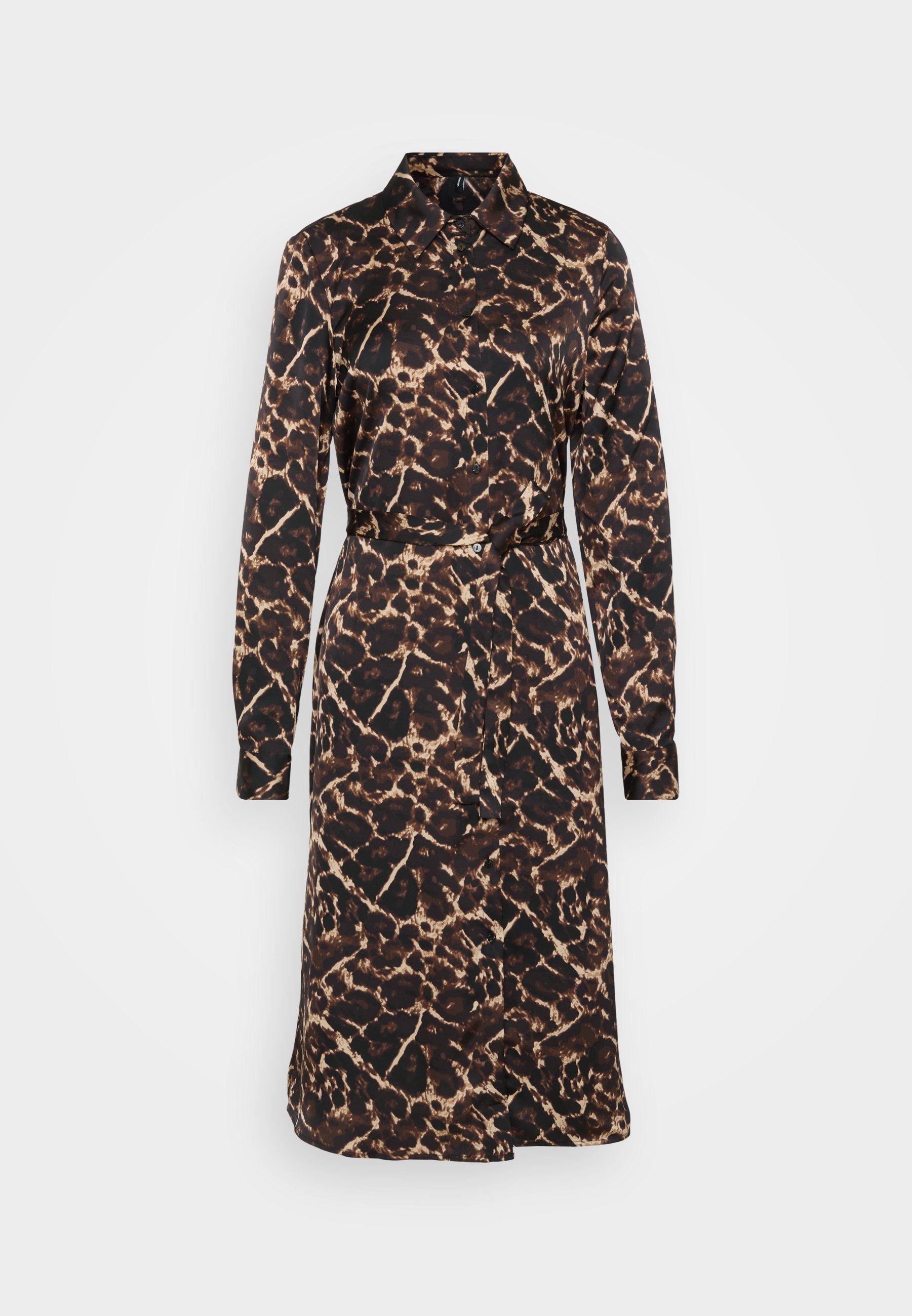 Braunes und schwarzes Leopardenmuster-Kleid mit langen Ärmeln, einem Kragen und einem taillierten Bund. Hergestellt aus glattem Stoff mit einer Knopfleiste auf der Vorderseite.