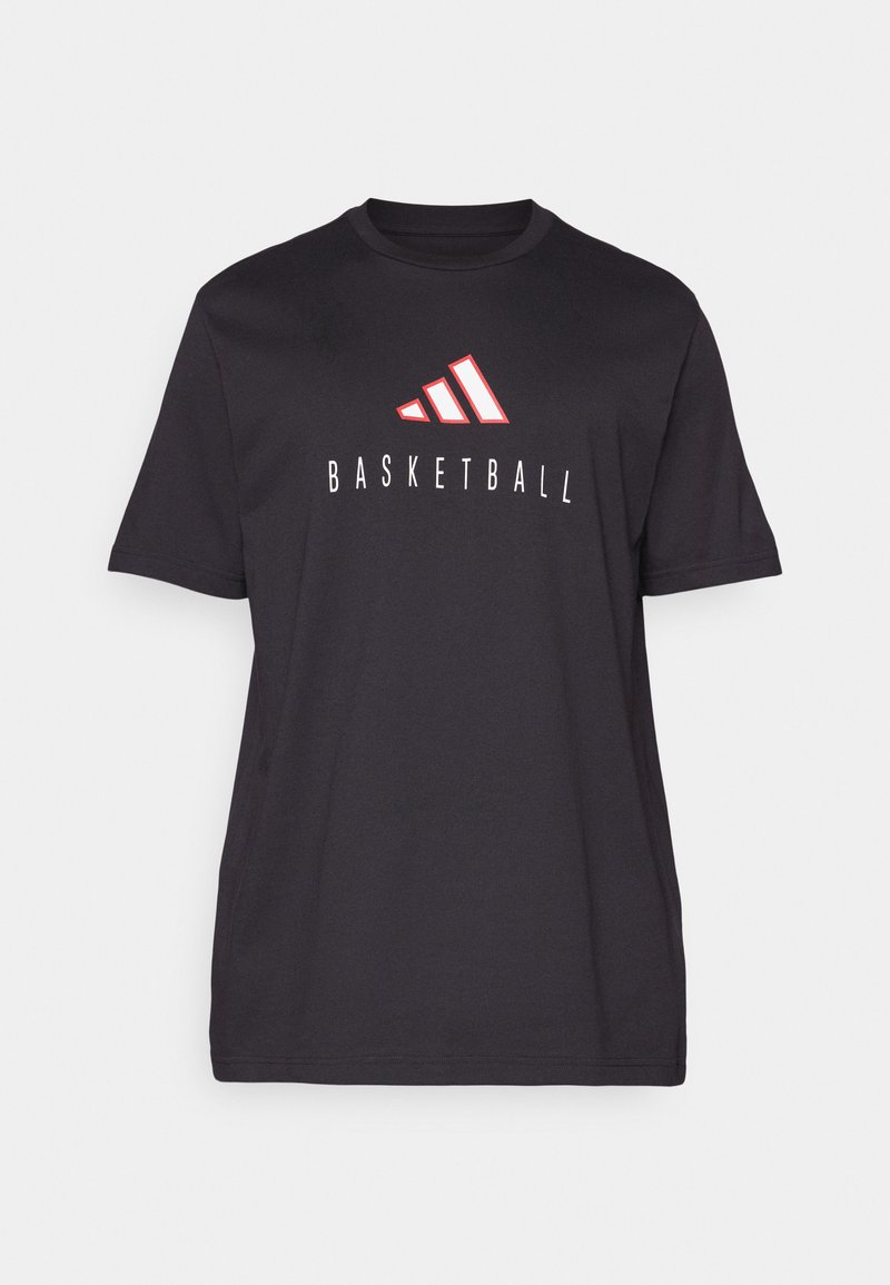 Schwarzes T-Shirt mit kurzen Ärmeln aus Baumwolle. Mit weißem "BASKETBALL"-Text und drei roten Streifen-Logo auf der Brust. Einfaches Design.
