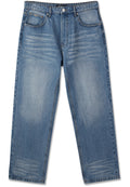 Blaue Jeans aus Denim mit geradem Bein, Vordertaschen, ausgebleichten Details an Oberschenkeln und Knien sowie einem Knopfverschluss an der Taille.