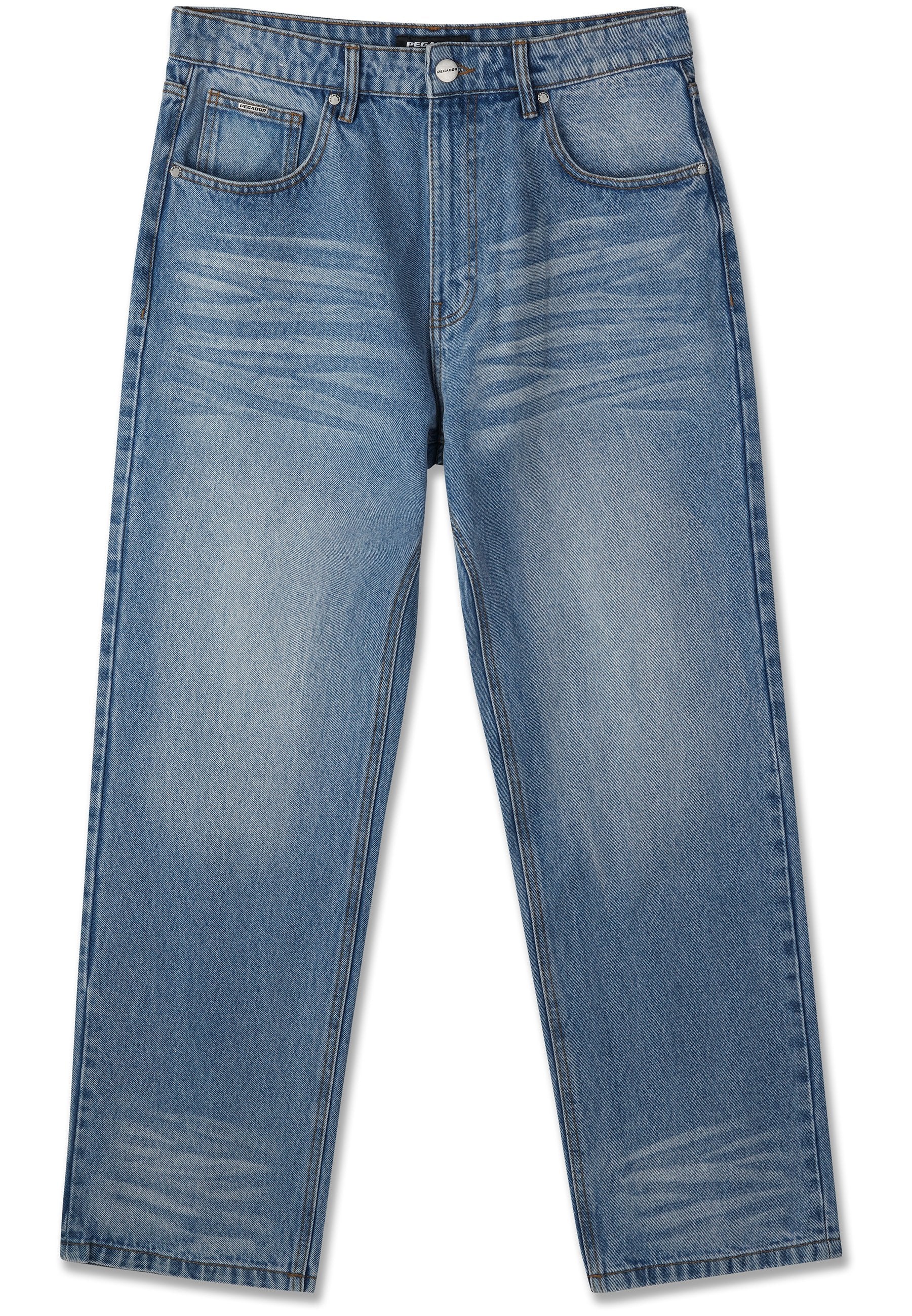 Blaue Jeans aus Denim mit geradem Bein, Vordertaschen, ausgebleichten Details an Oberschenkeln und Knien sowie einem Knopfverschluss an der Taille.