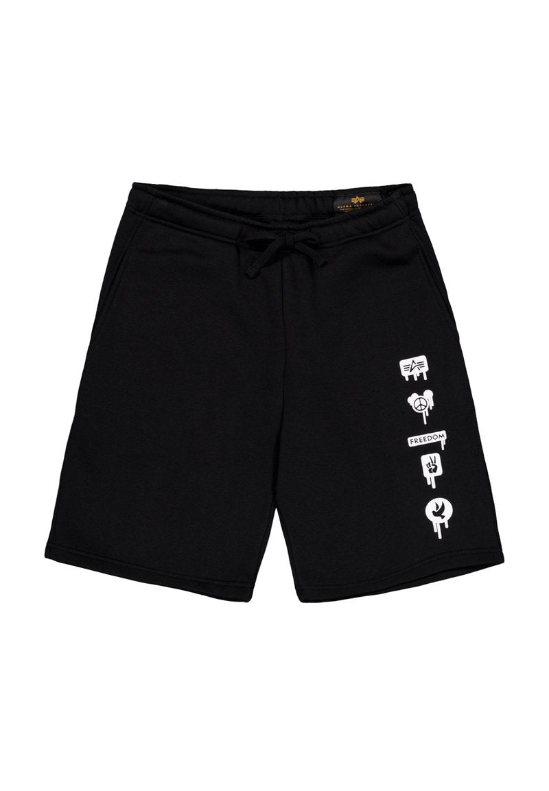 Schwarze Baumwollshorts mit einem Kordelzugbund, verziert mit weißen grafischen Symbolen und dem Wort "FREIHEIT", das auf dem linken Bein gedruckt ist.